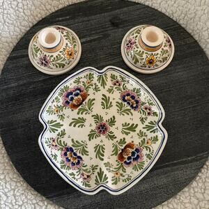 Authentic Lot of De Delftse Pauw Signed Polychrome Plate and Candlestick Holders